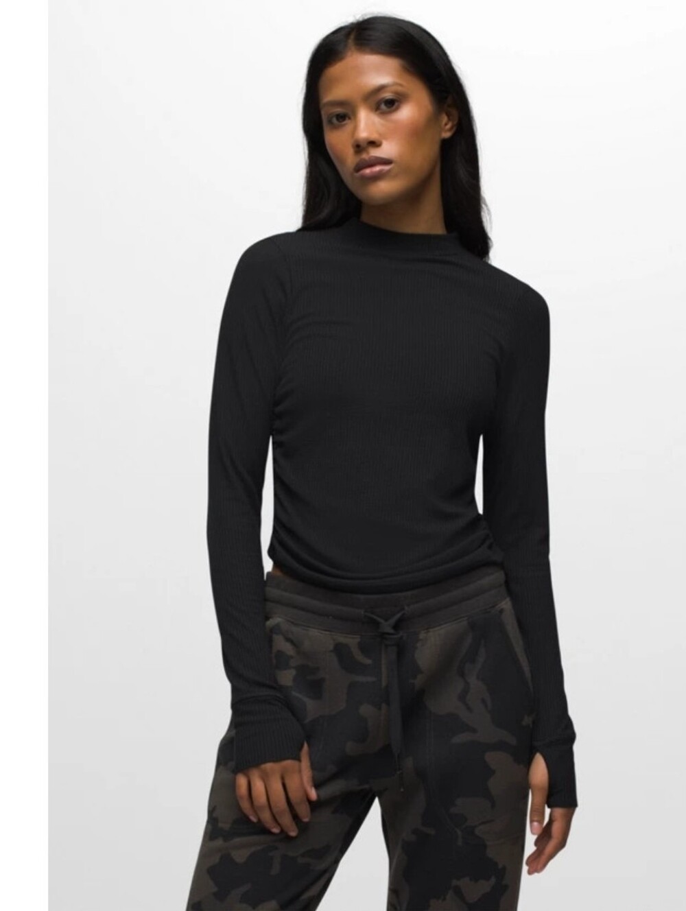 Prana Blazing Star Long Sleeve Black Waffle Mock Neck Cinched Sides Womens Med